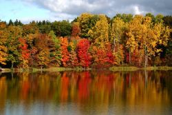 Fall colors reflected in a smooth lake
