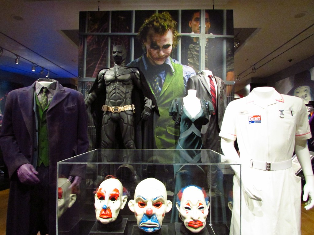 The Joker masks and costumes (Heath Ledger), The Joker costume (Heath Ledger), Batman costume (Christian Bale), Rachel Dawws costume (Maggie Gyllenhaal), The Joker Nurse costume (Heath Ledger) - The Batman Exhibition - Warner Bros. Studio VIP Tour - Burba